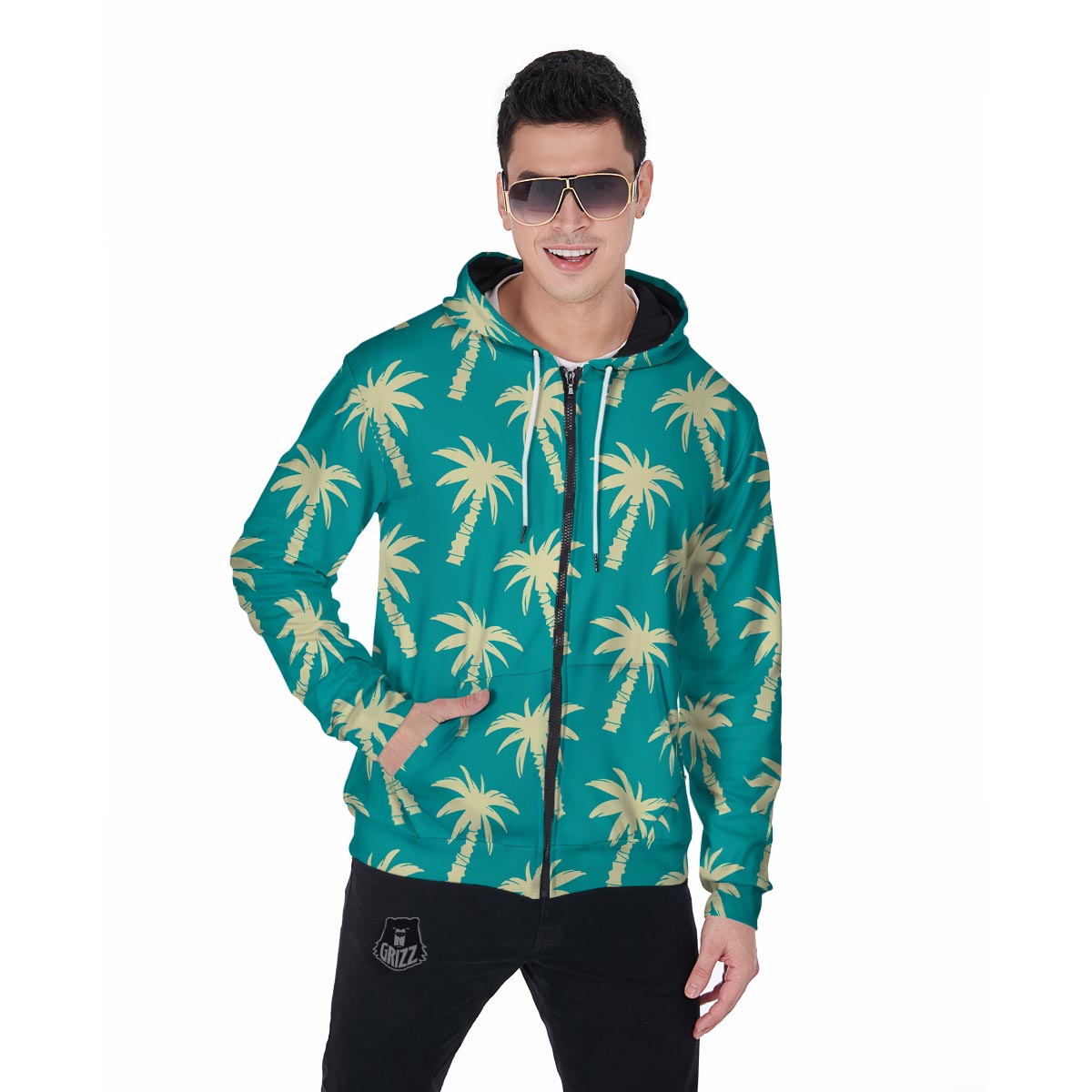 Green Palm Tree Hawaiin Print Men's Zip Up Hoodie-grizzshop