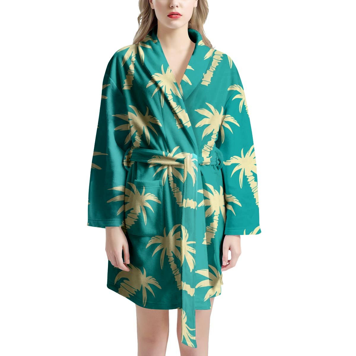 Green Palm Tree Hawaiin Print Women's Robe-grizzshop