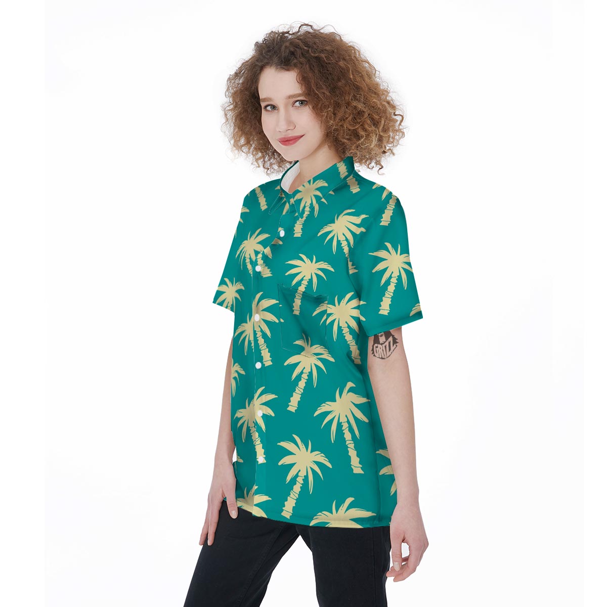 Green Palm Tree Hawaiin Print Women's Short Sleeve Shirts-grizzshop