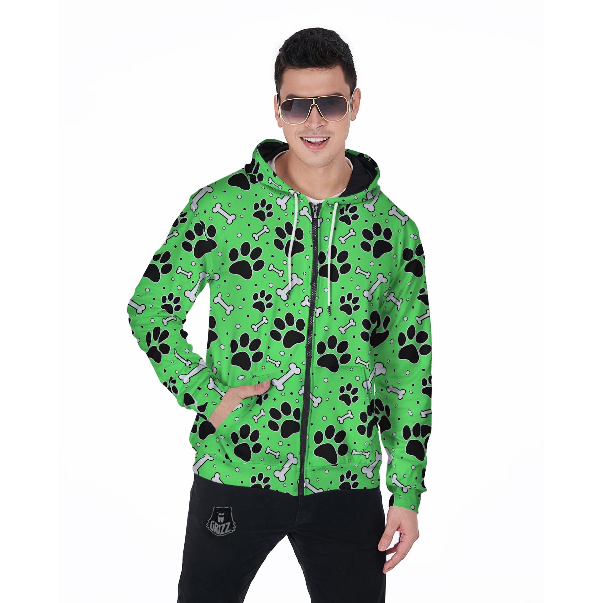 Green Paw Men's Zip Up Hoodie-grizzshop