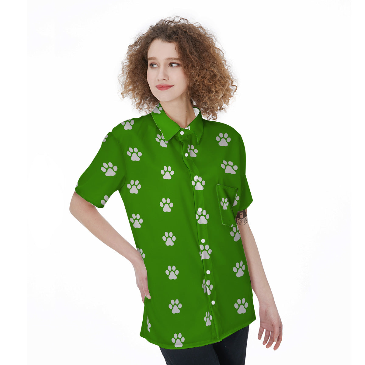Green Paw Print Women's Short Sleeve Shirts-grizzshop