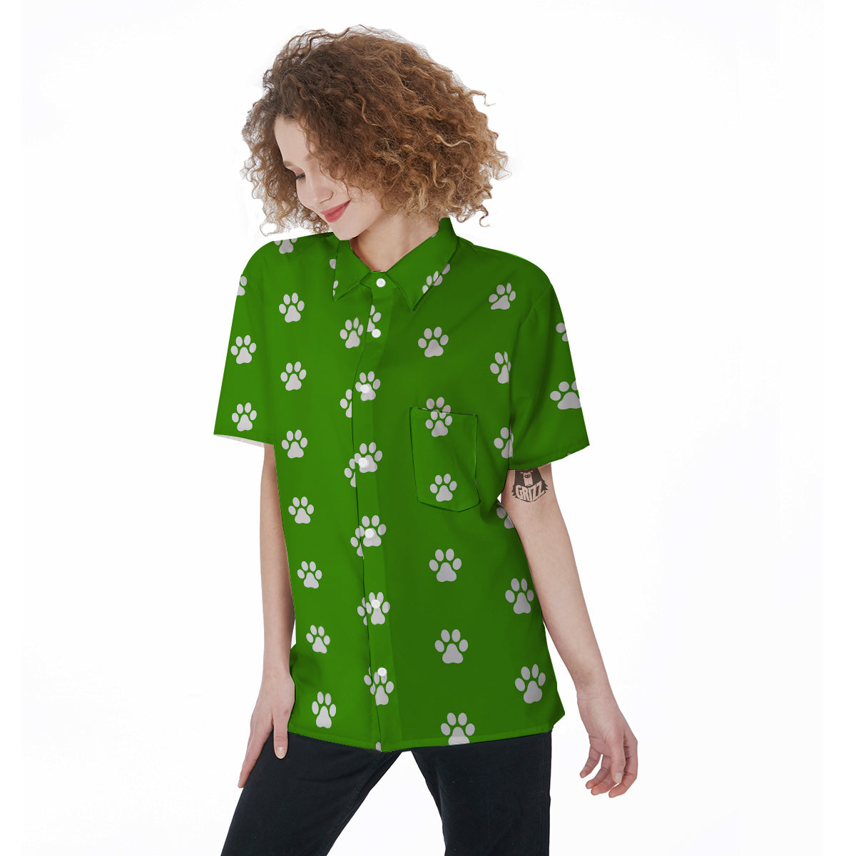 Green Paw Print Women's Short Sleeve Shirts-grizzshop