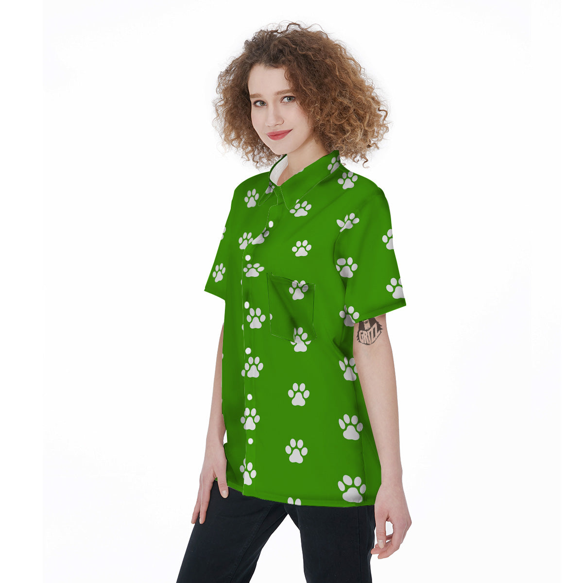 Green Paw Print Women's Short Sleeve Shirts-grizzshop