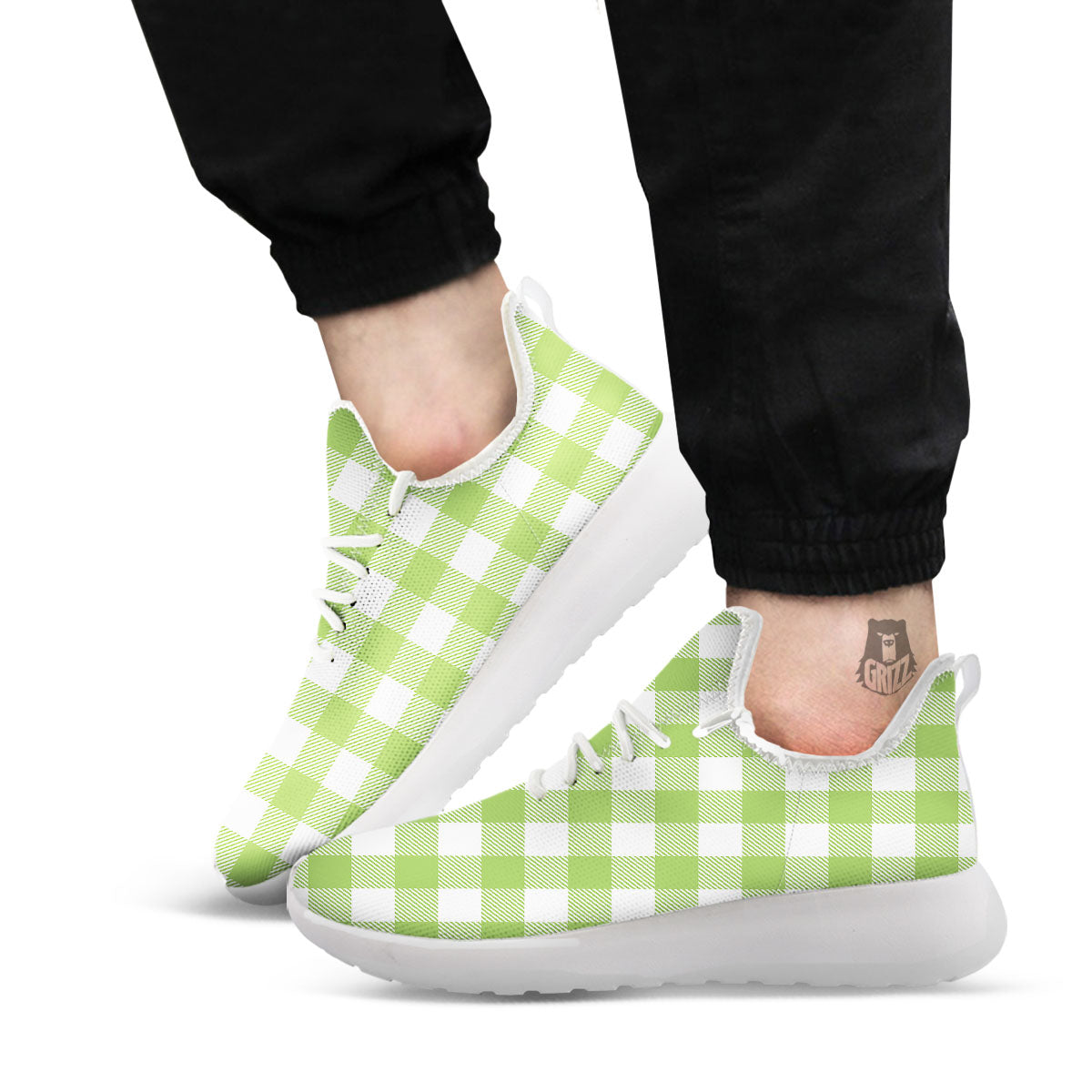 Green Pear And White Gingham Print White Athletic Shoes-grizzshop