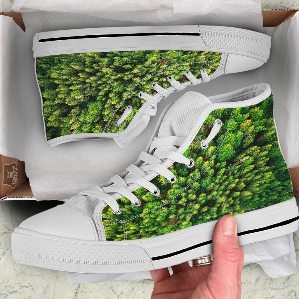 Green Pine Summer Forest Print White High Top Shoes-grizzshop