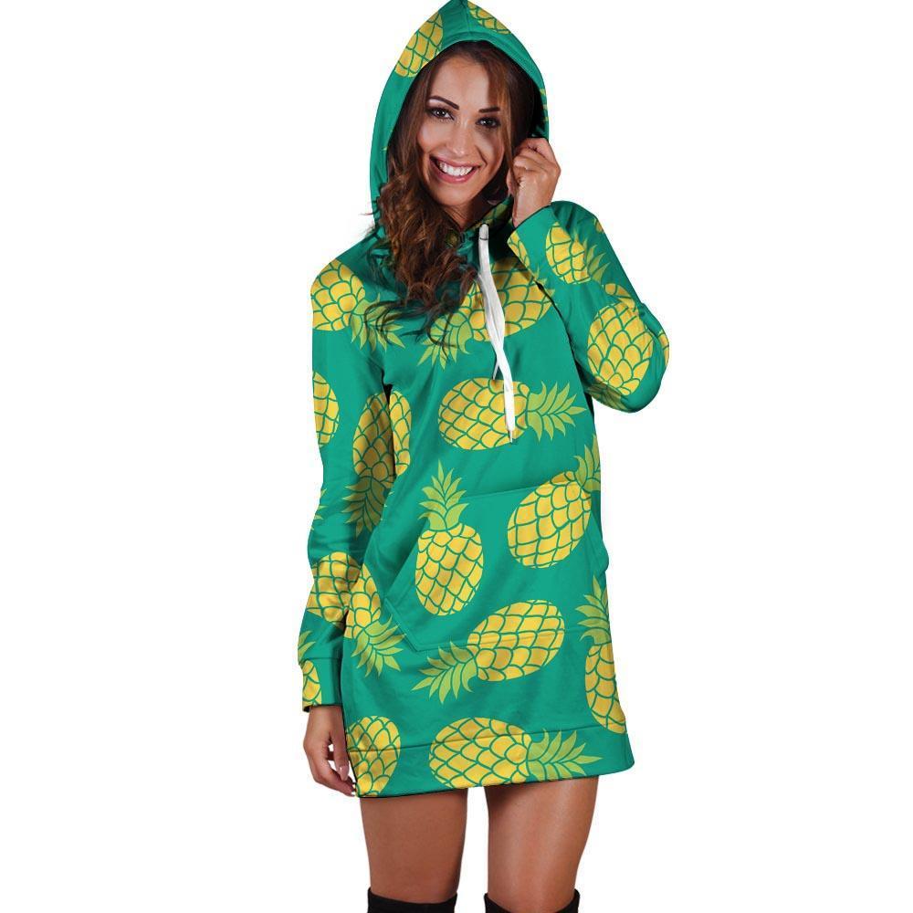 Green Pineapple Print Hoodie Dress-grizzshop