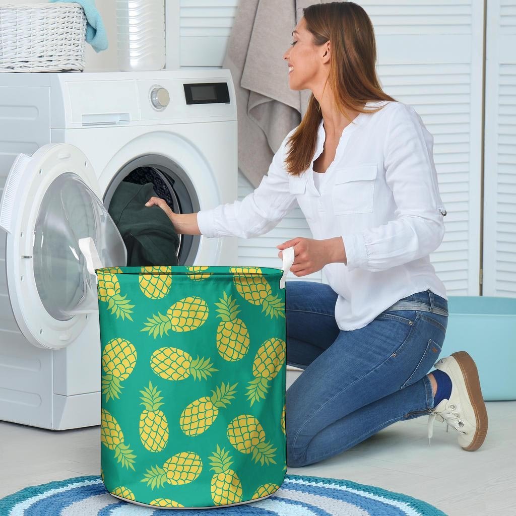 Green Pineapple Print Laundry Basket-grizzshop