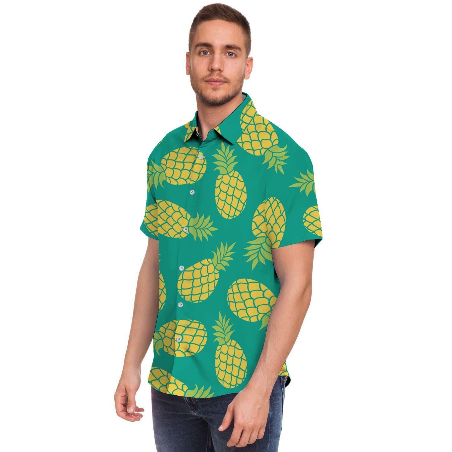 Green Pineapple Print Men's Short Sleeve Shirt-grizzshop