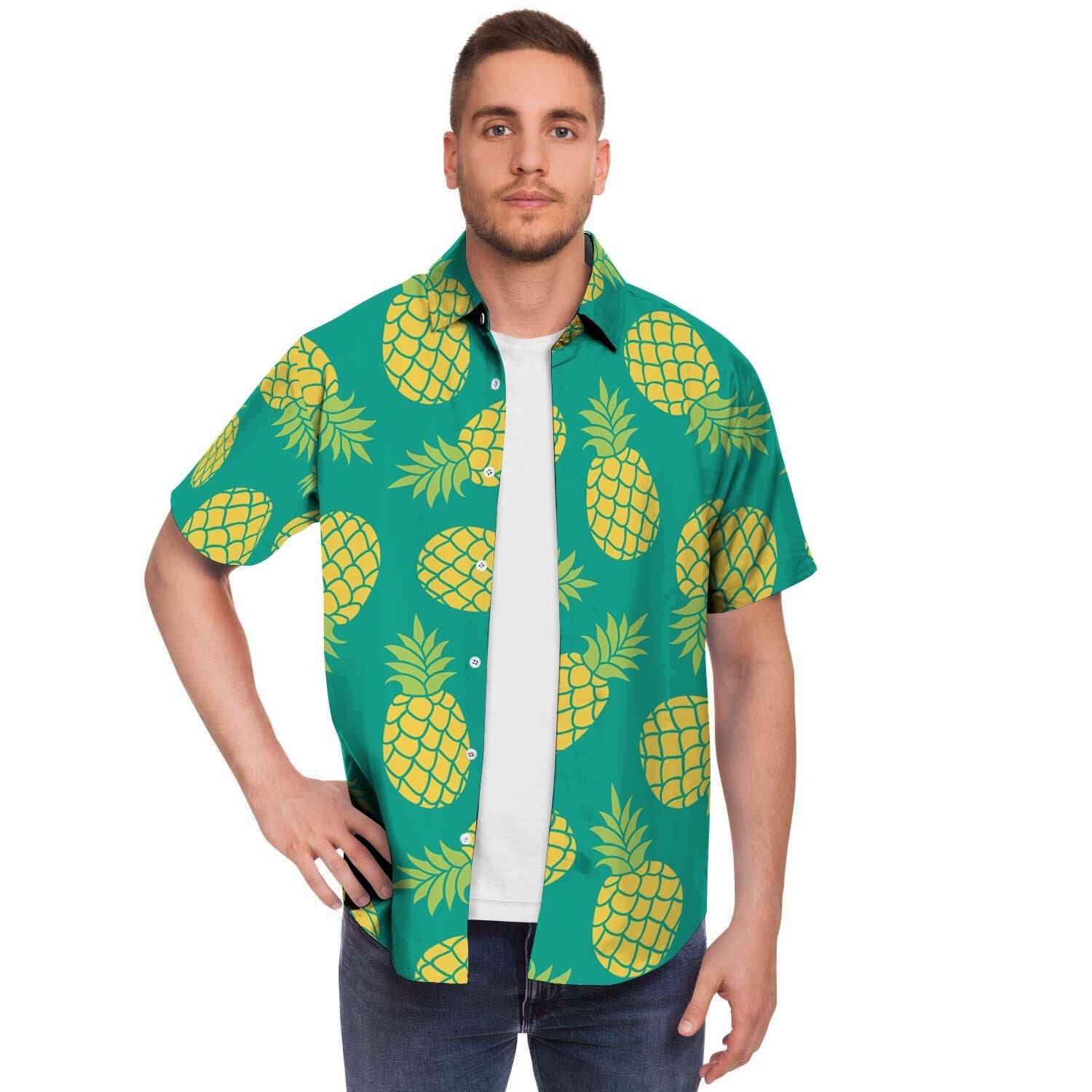 Green Pineapple Print Men's Short Sleeve Shirt-grizzshop