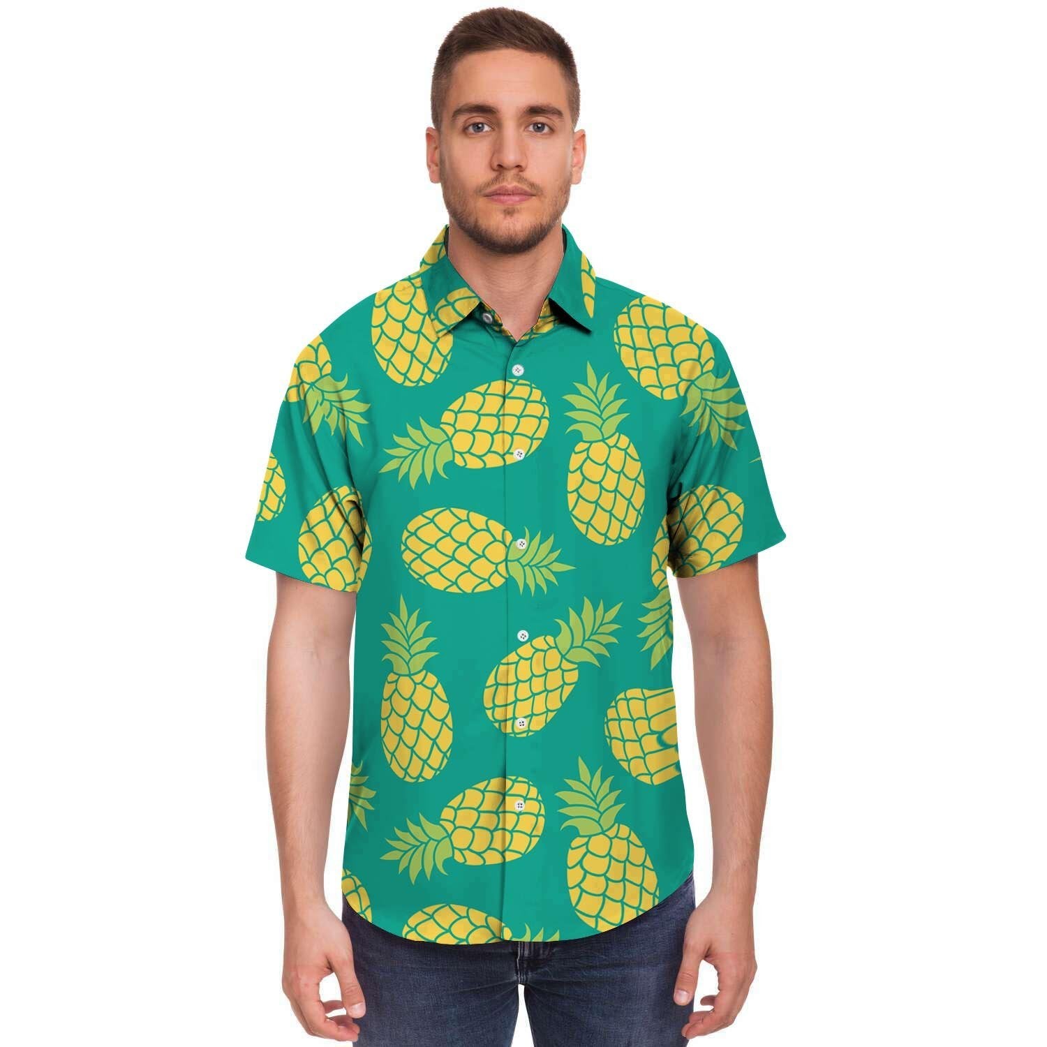 Green Pineapple Print Men's Short Sleeve Shirt-grizzshop