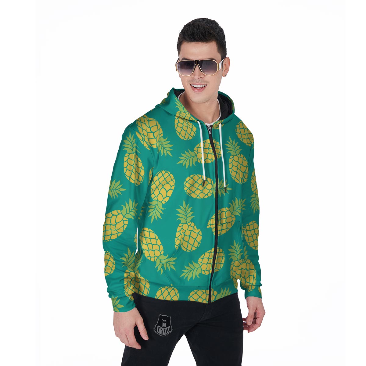 Green Pineapple Print Men's Zip Up Hoodie-grizzshop