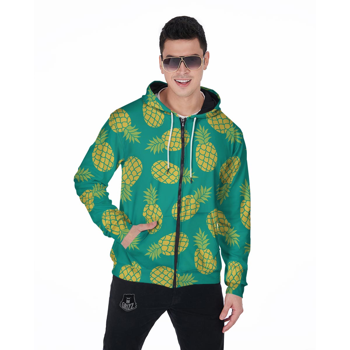 Green Pineapple Print Men's Zip Up Hoodie-grizzshop