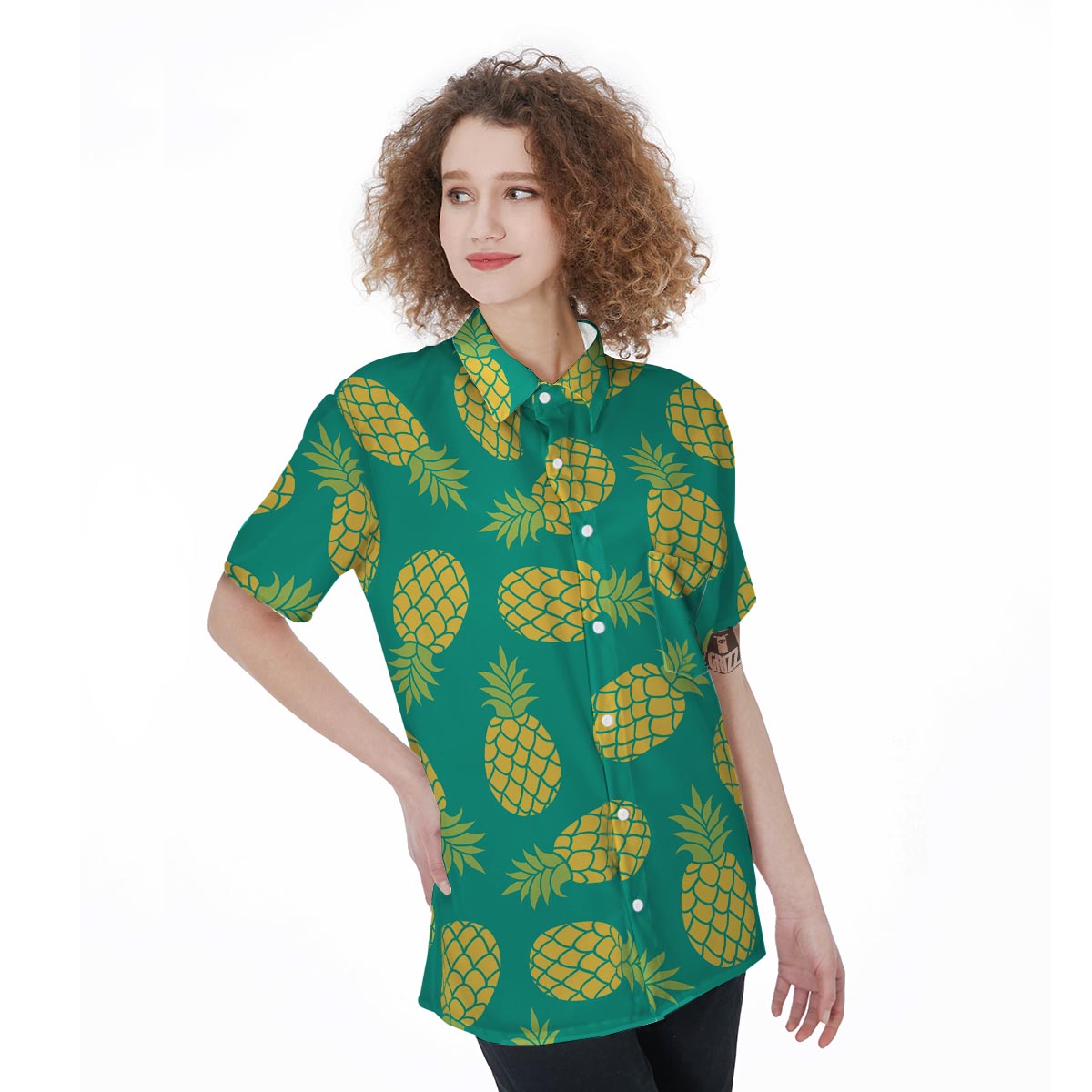 Green Pineapple Print Women's Short Sleeve Shirts-grizzshop