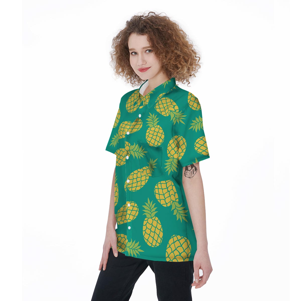 Green Pineapple Print Women's Short Sleeve Shirts-grizzshop