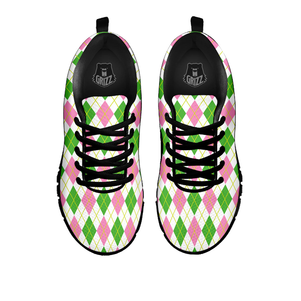 Green Pink And White Argyle Print Pattern Black Sneaker-grizzshop