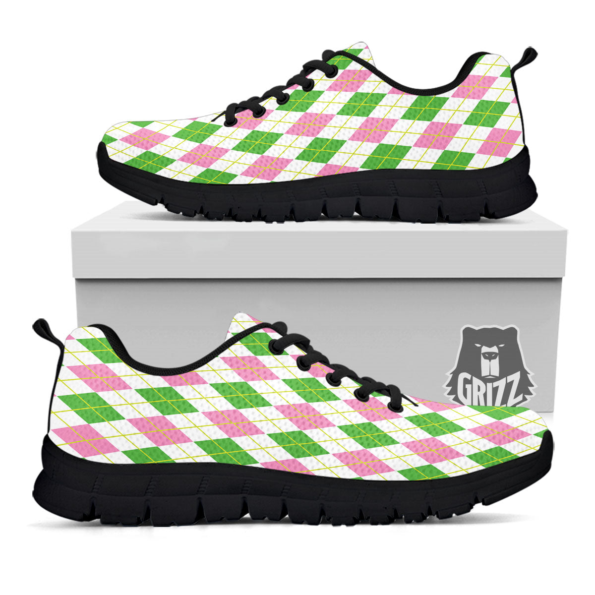 Green Pink And White Argyle Print Pattern Black Sneaker-grizzshop