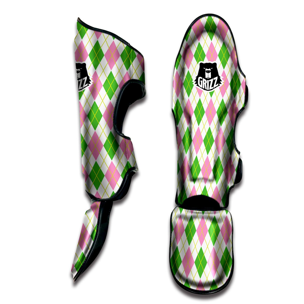 Green Pink And White Argyle Print Pattern Muay Thai Shin Guards-grizzshop