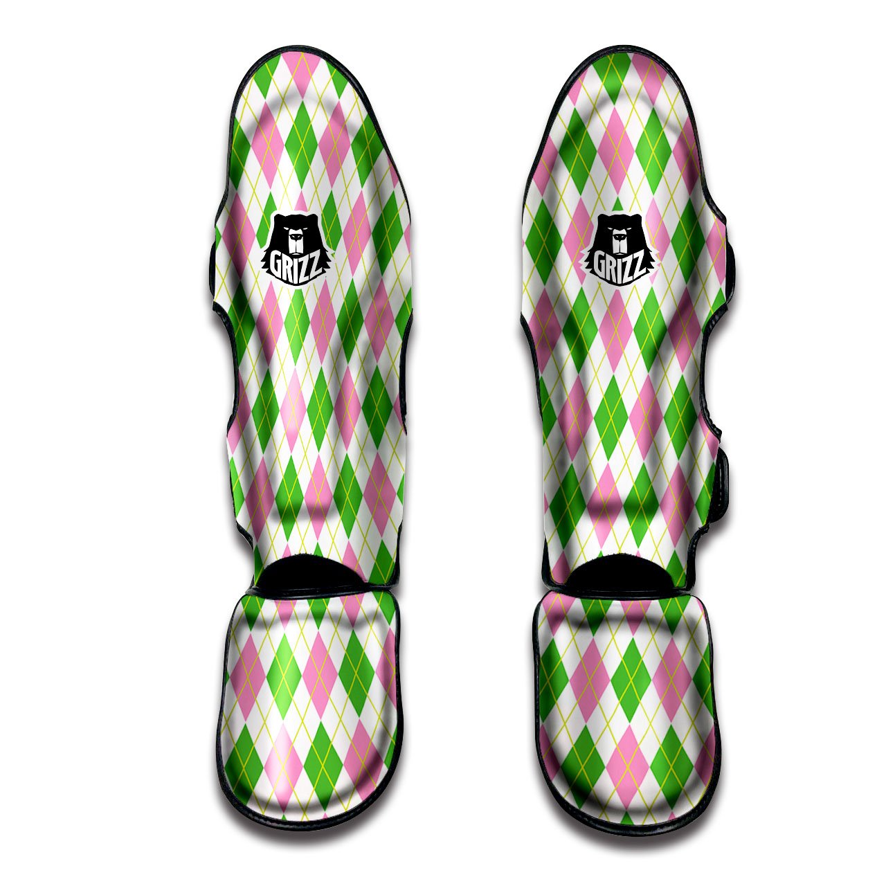 Green Pink And White Argyle Print Pattern Muay Thai Shin Guards-grizzshop