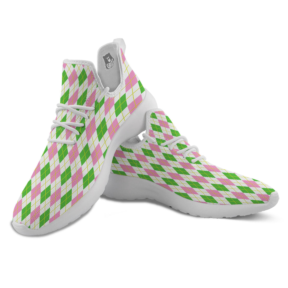 Green Pink And White Argyle Print Pattern White Athletic Shoes-grizzshop