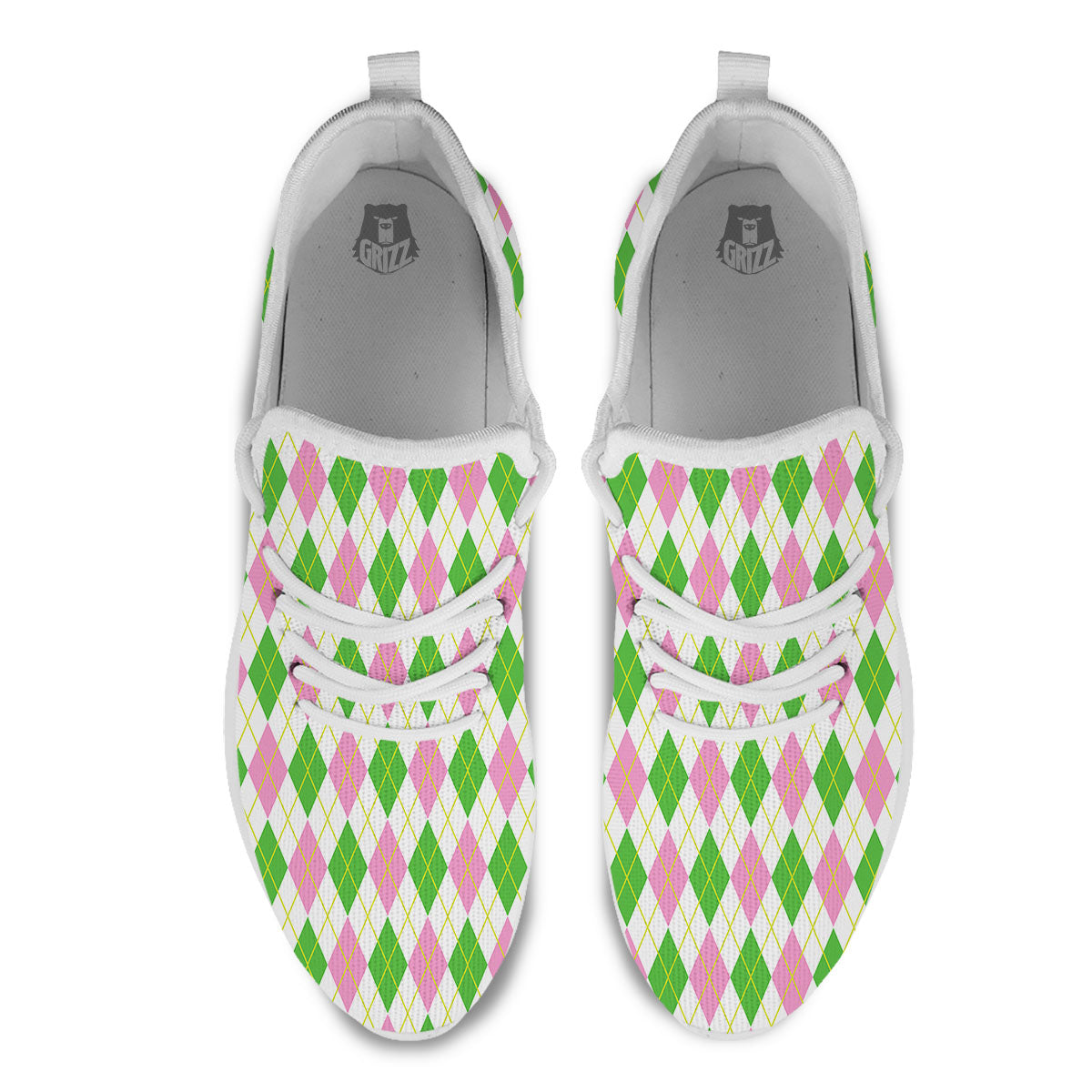 Green Pink And White Argyle Print Pattern White Athletic Shoes-grizzshop