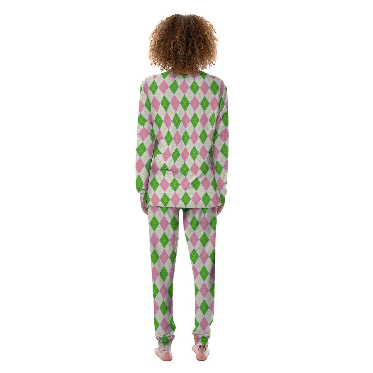 Green Pink And White Argyle Print Pattern Women's Pajamas-grizzshop