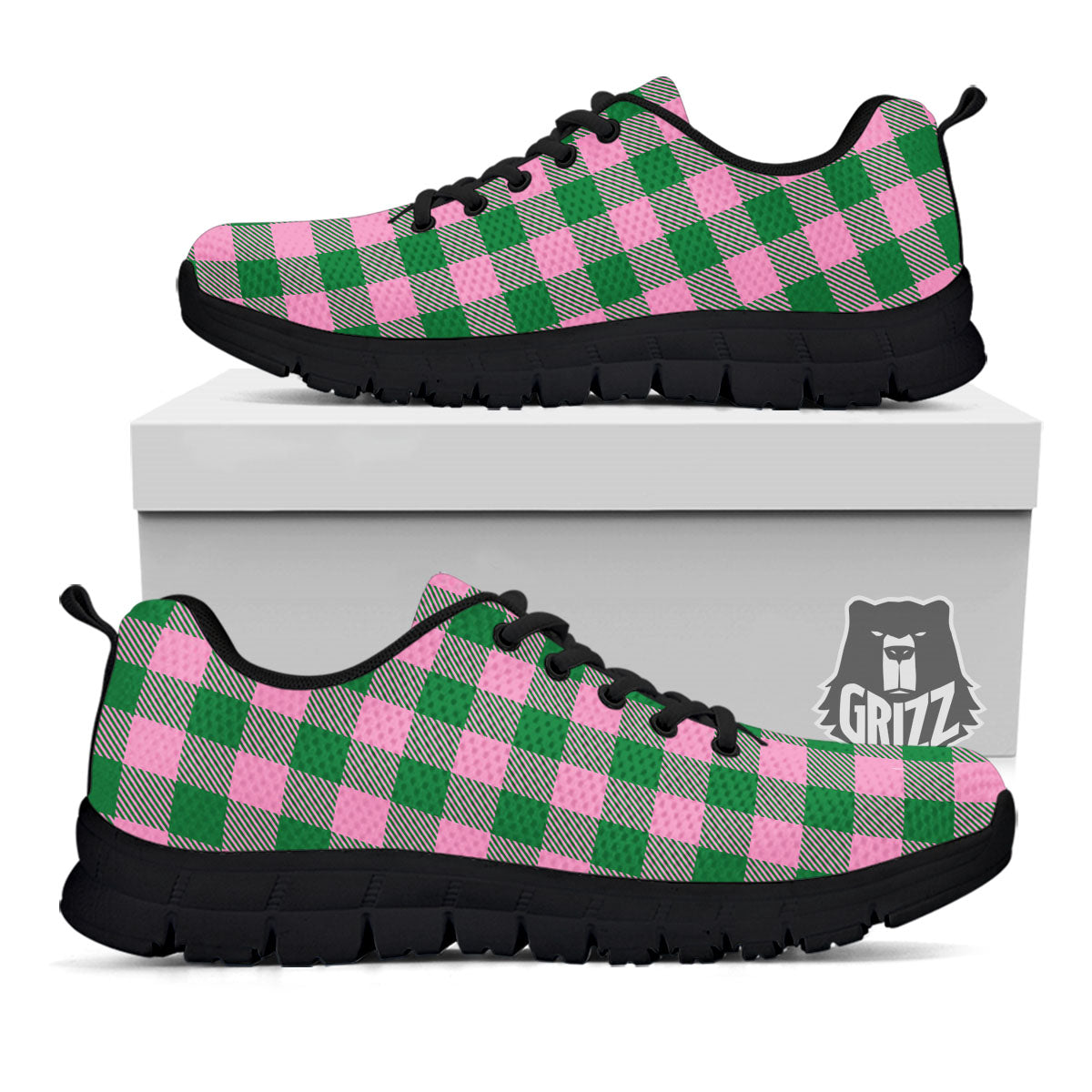 Green Pink And White Tartan Print Pattern Black Sneaker-grizzshop