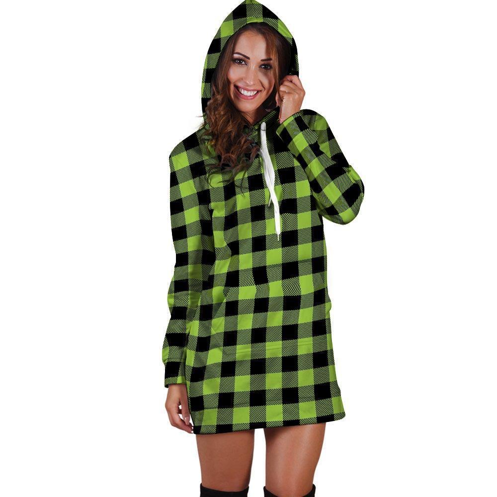 Green Plaid Hoodie Dress-grizzshop