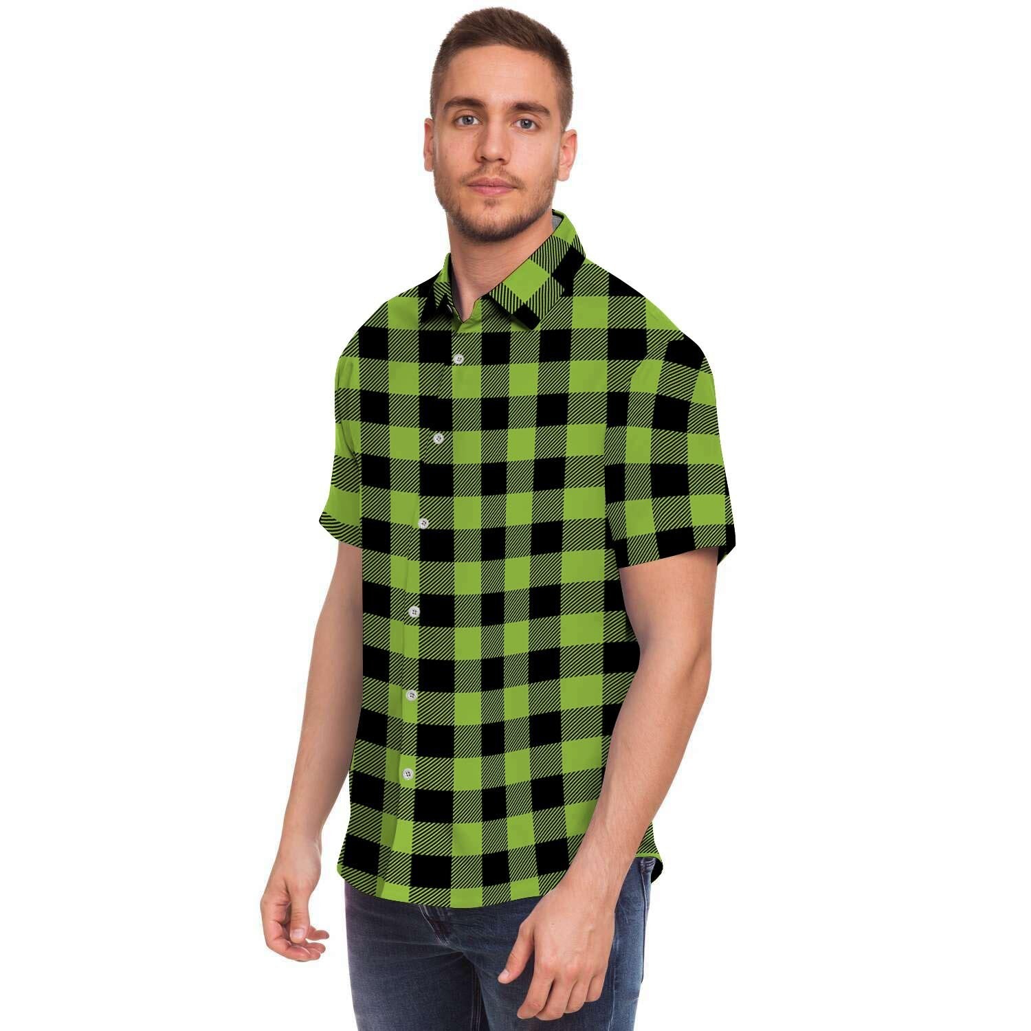 Green Plaid Men's Short Sleeve Shirt-grizzshop