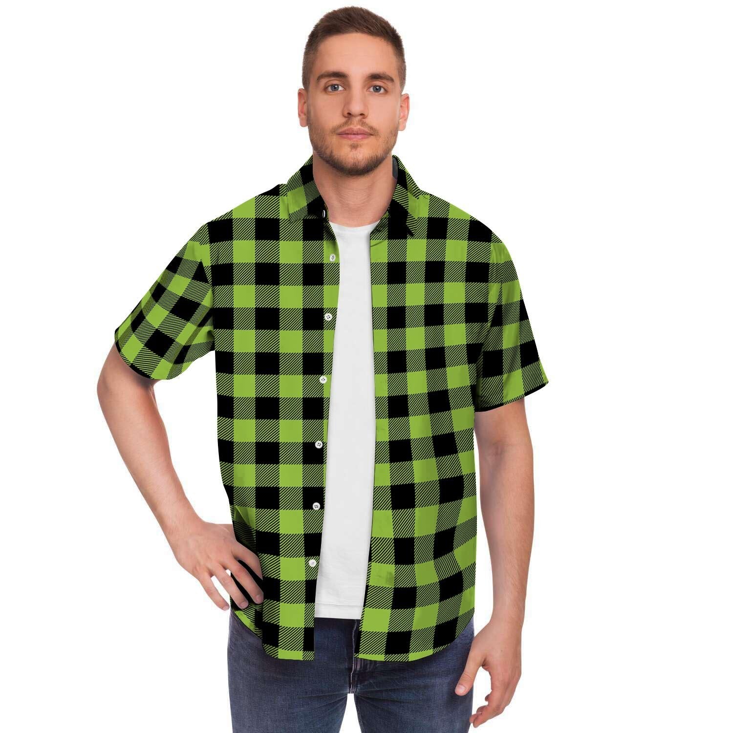 Green Plaid Men's Short Sleeve Shirt-grizzshop