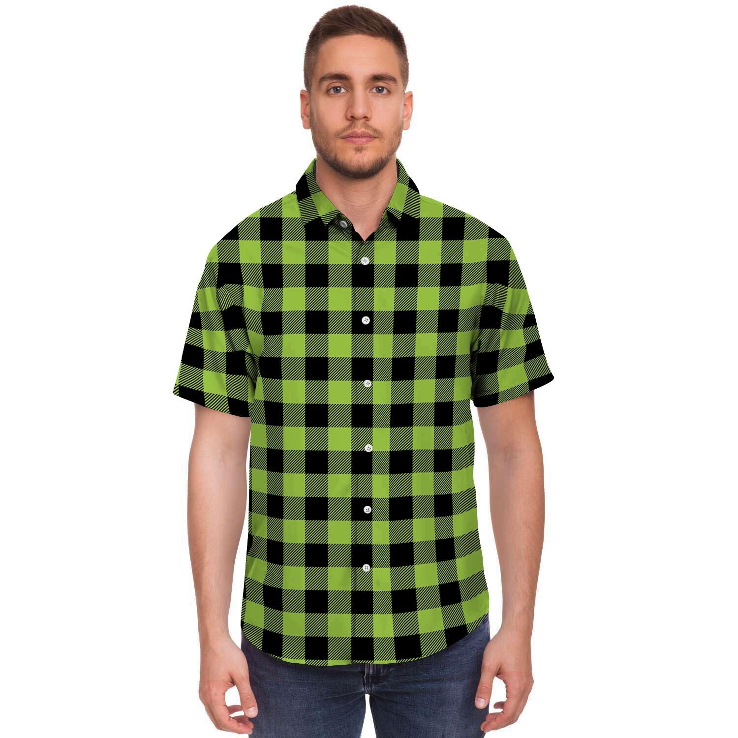 Green Plaid Men's Short Sleeve Shirt-grizzshop