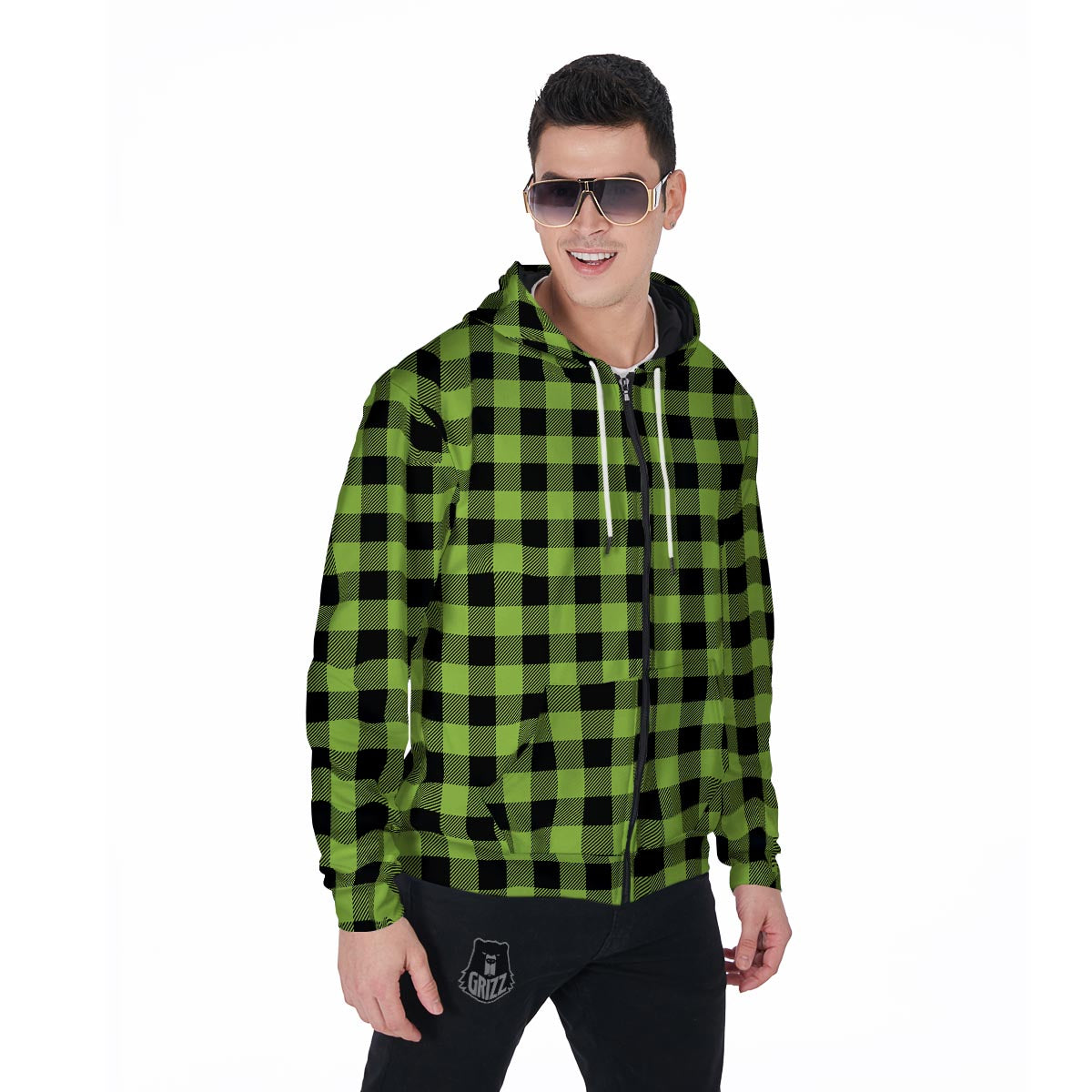 Green Plaid Men's Zip Up Hoodie-grizzshop