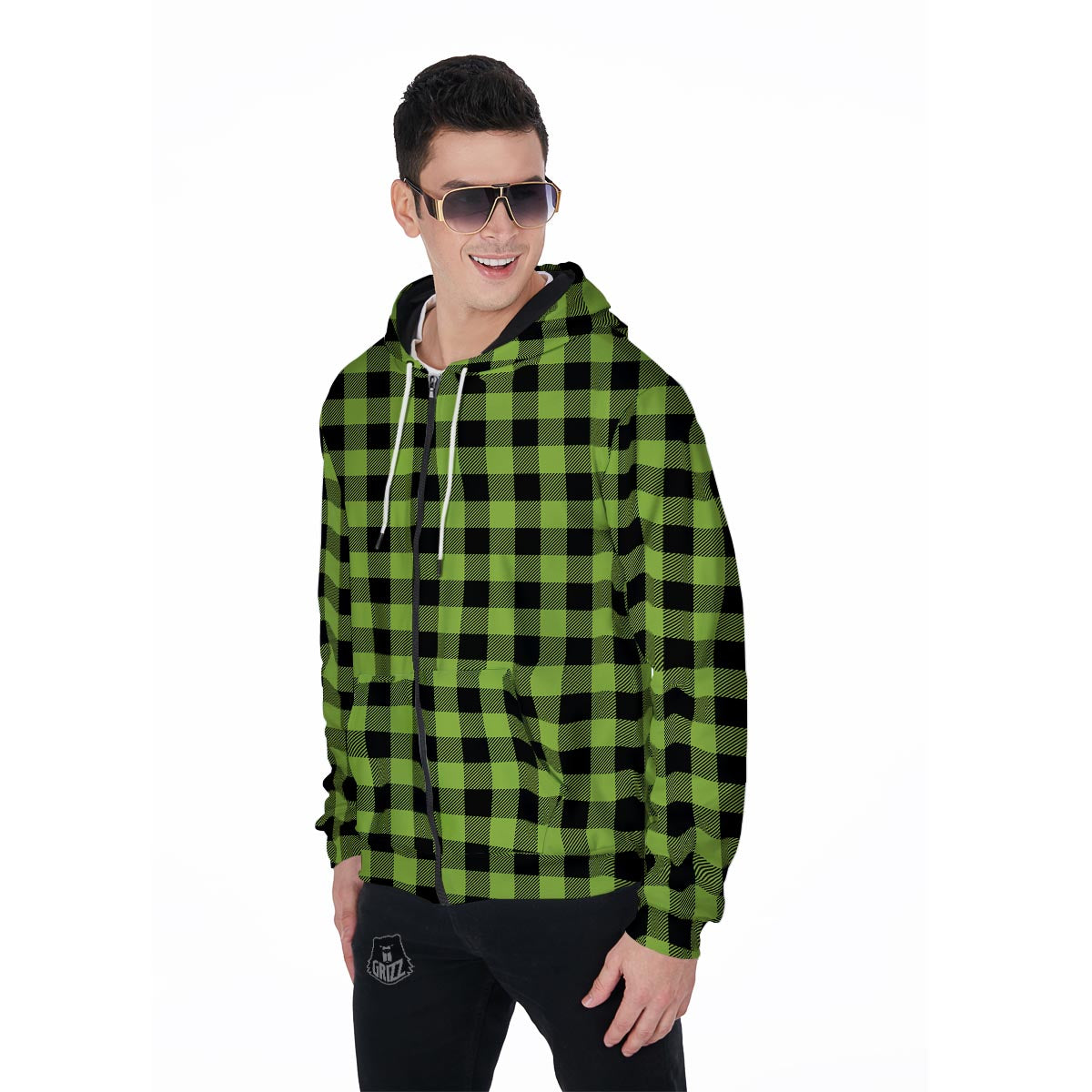 Green Plaid Men's Zip Up Hoodie-grizzshop