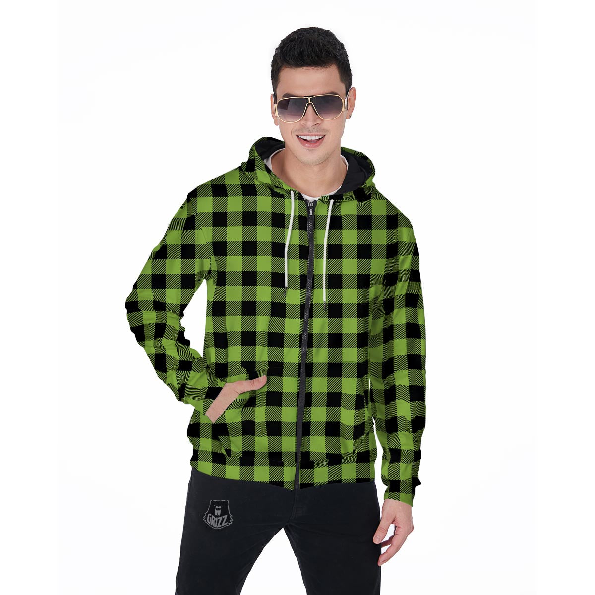 Green Plaid Men's Zip Up Hoodie-grizzshop