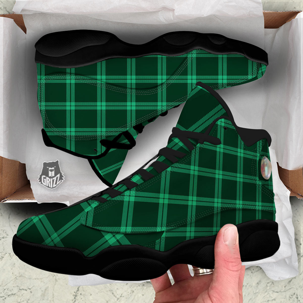 Green Plaid Print Black Basketball Shoes-grizzshop