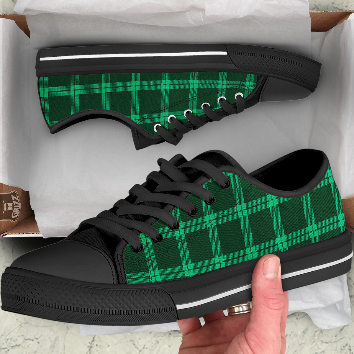 Green Plaid Print Black Low Top Shoes-grizzshop
