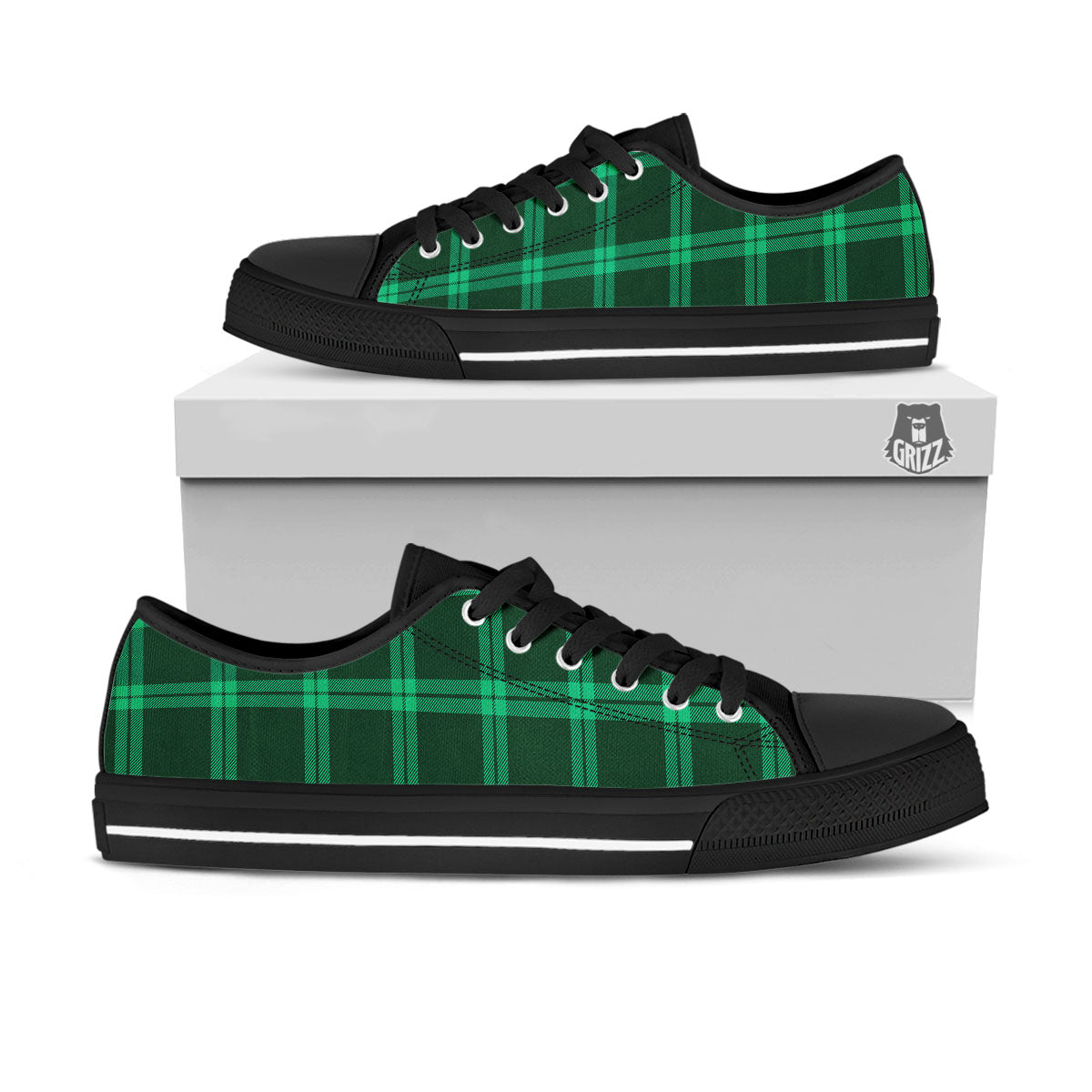 Green Plaid Print Black Low Top Shoes-grizzshop