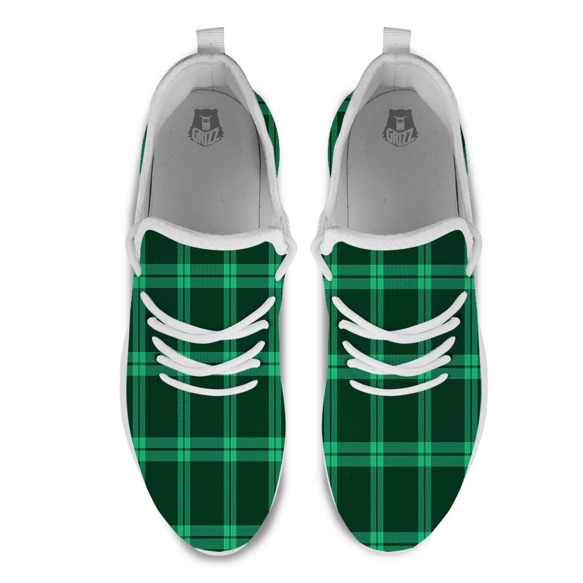 Green Plaid Print White Athletic Shoes-grizzshop