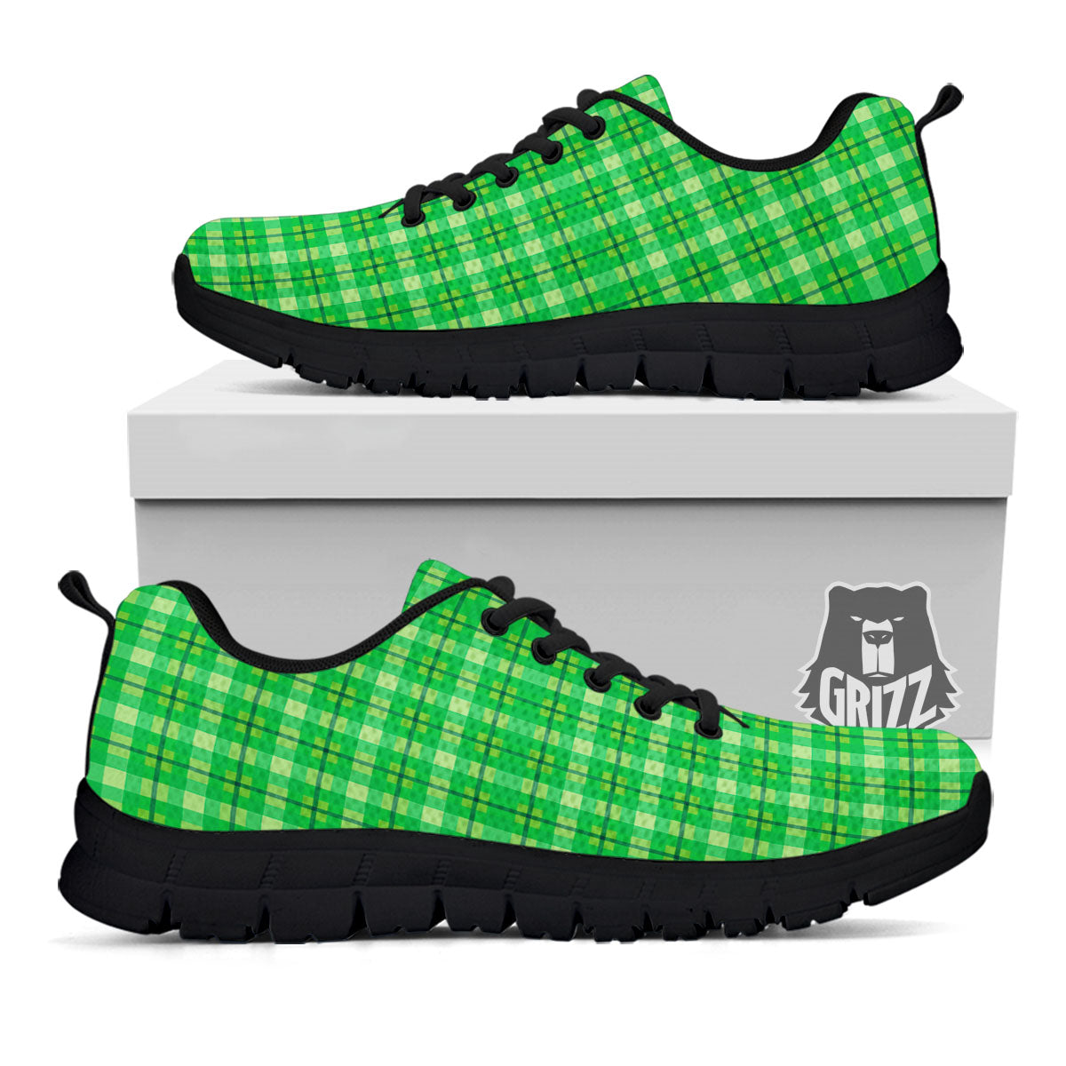 Green Plaid Shamrock Print Pattern Black Sneaker-grizzshop