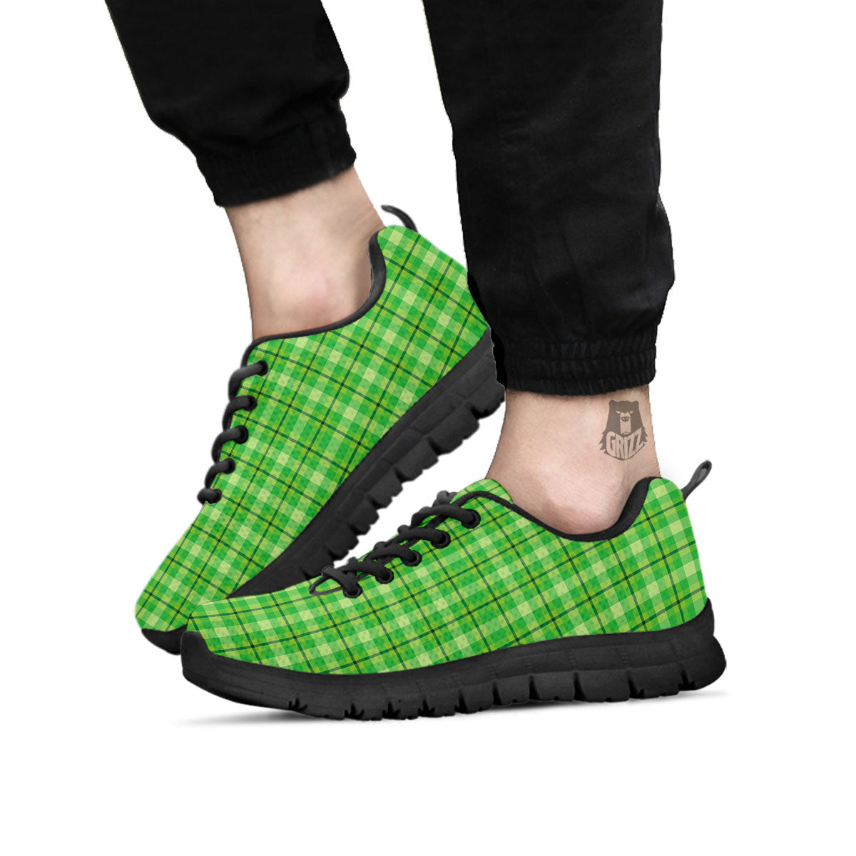 Green Plaid Shamrock Print Pattern Black Sneaker-grizzshop