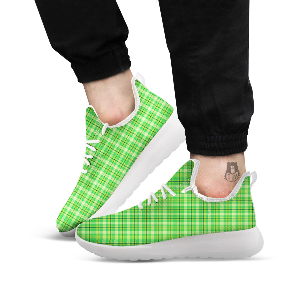 Green Plaid Shamrock Print Pattern White Athletic Shoes-grizzshop