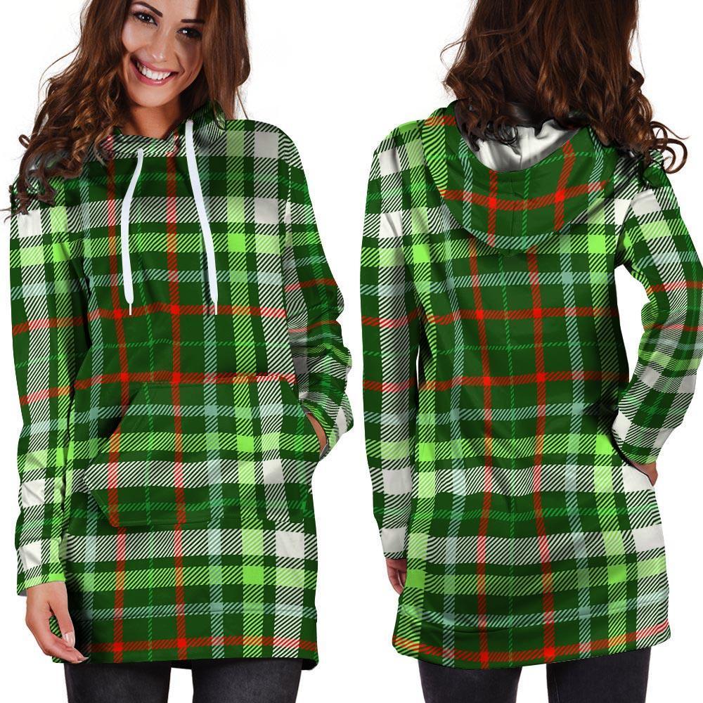 Green Plaid Tartan Hoodie Dress-grizzshop