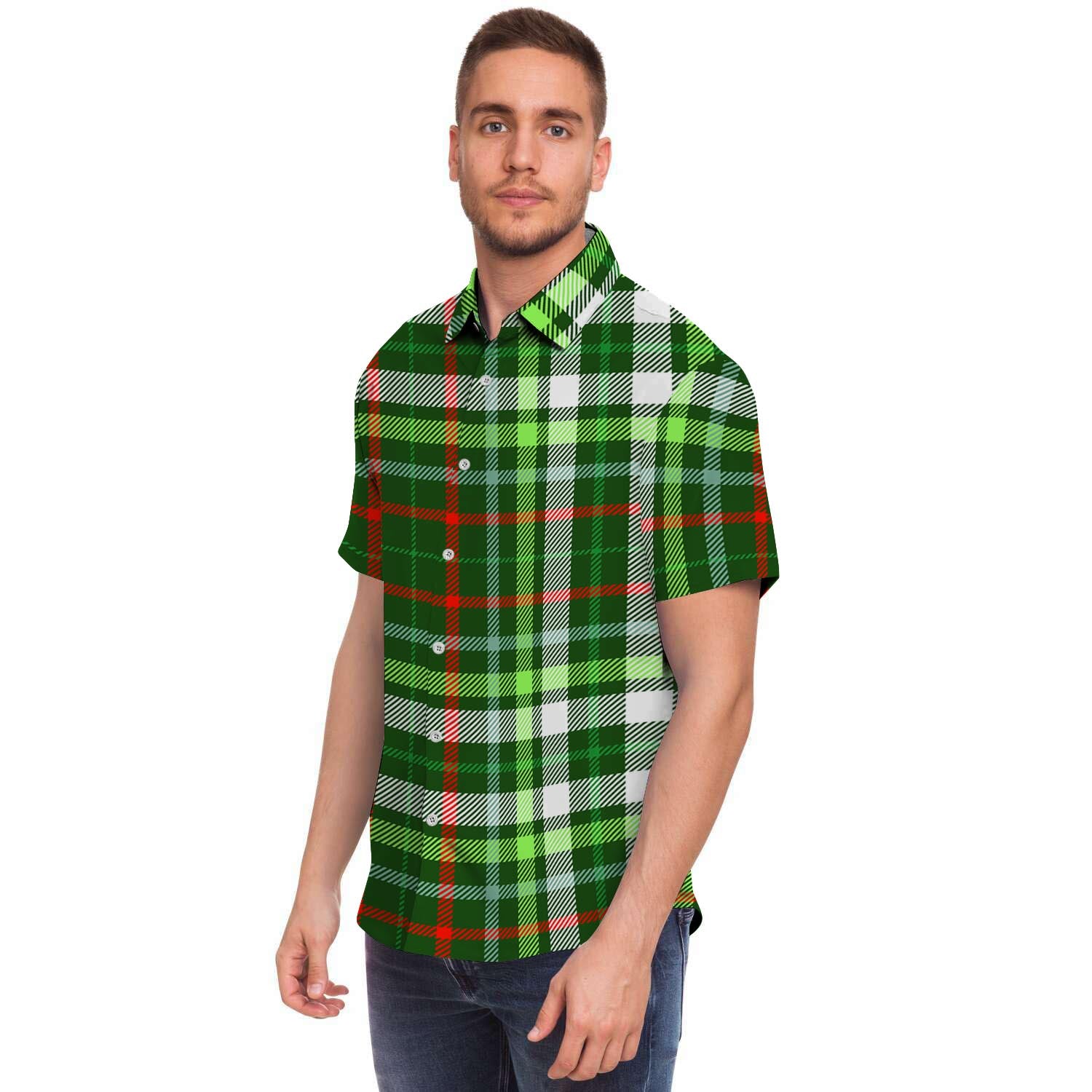 Green Plaid Tartan Men's Short Sleeve Shirt-grizzshop