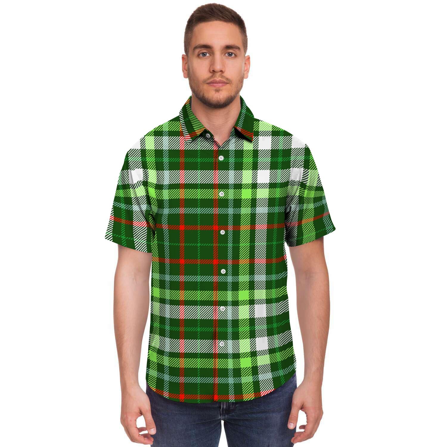 Green Plaid Tartan Men's Short Sleeve Shirt-grizzshop