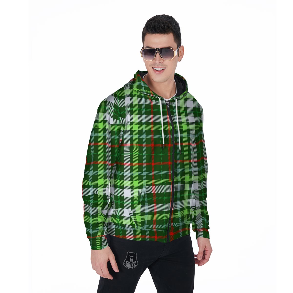 Green Plaid Tartan Men's Zip Up Hoodie-grizzshop