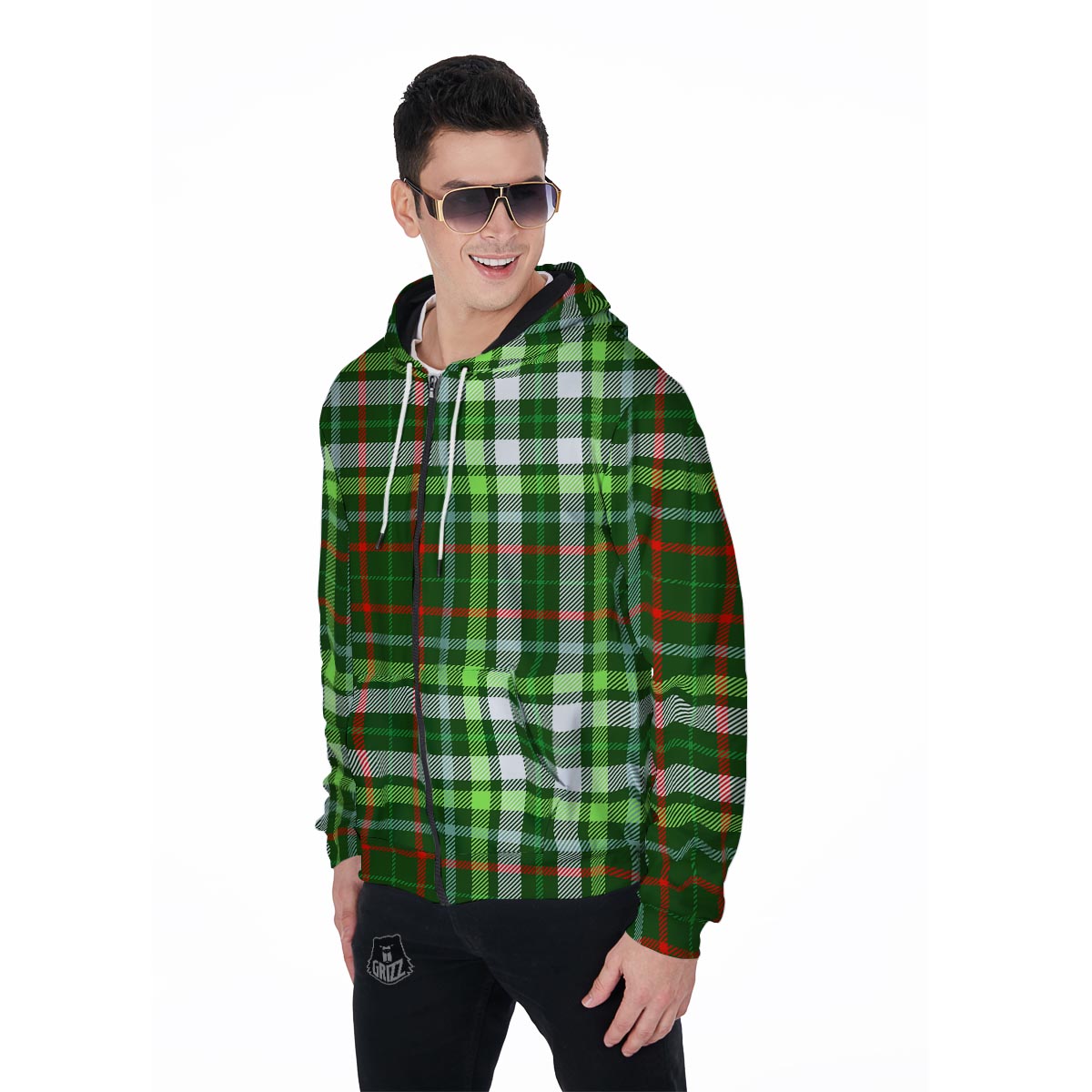 Green Plaid Tartan Men's Zip Up Hoodie-grizzshop