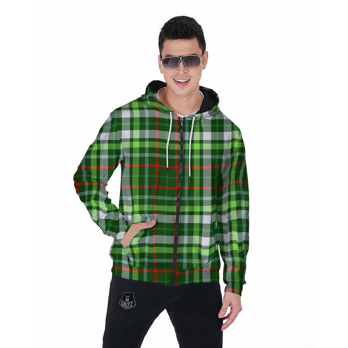 Green Plaid Tartan Men's Zip Up Hoodie-grizzshop