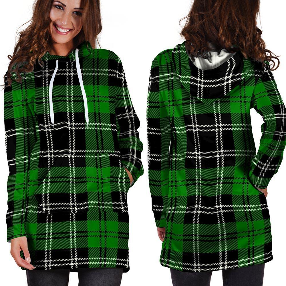 Green Plaid Tartan Print Hoodie Dress-grizzshop