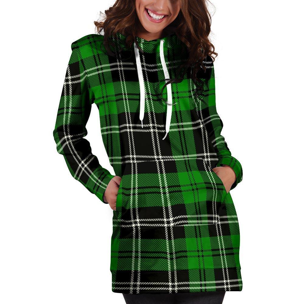 Green Plaid Tartan Print Hoodie Dress-grizzshop