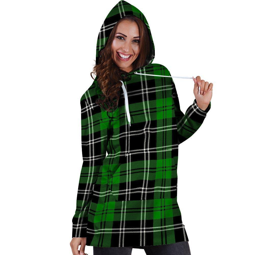 Green Plaid Tartan Print Hoodie Dress-grizzshop