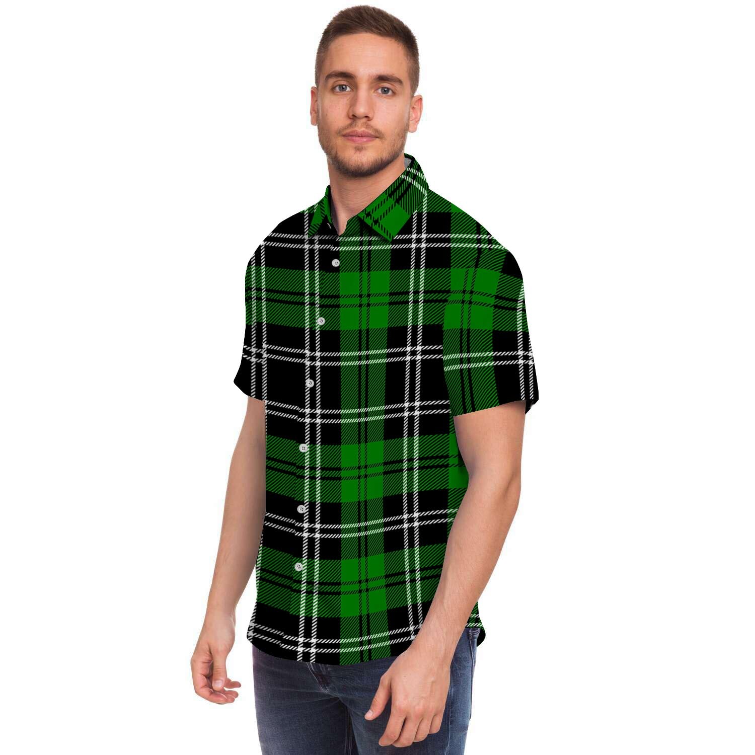 Green Plaid Tartan Print Men's Short Sleeve Shirt-grizzshop